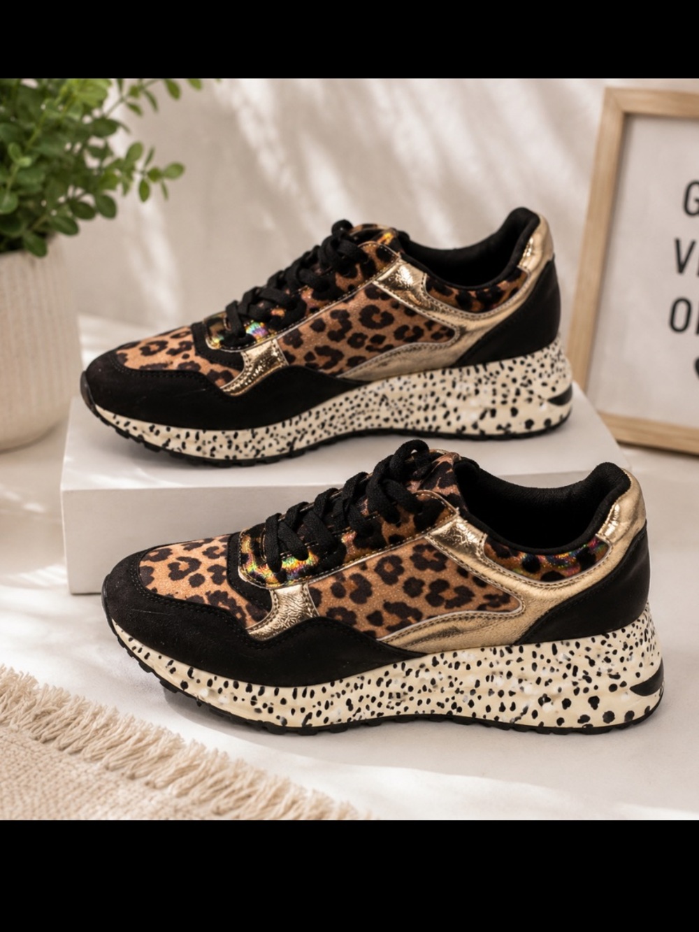 Steve Madden Leopard Print Platform Sneakers with Gold Accents - Picture 2 of 2